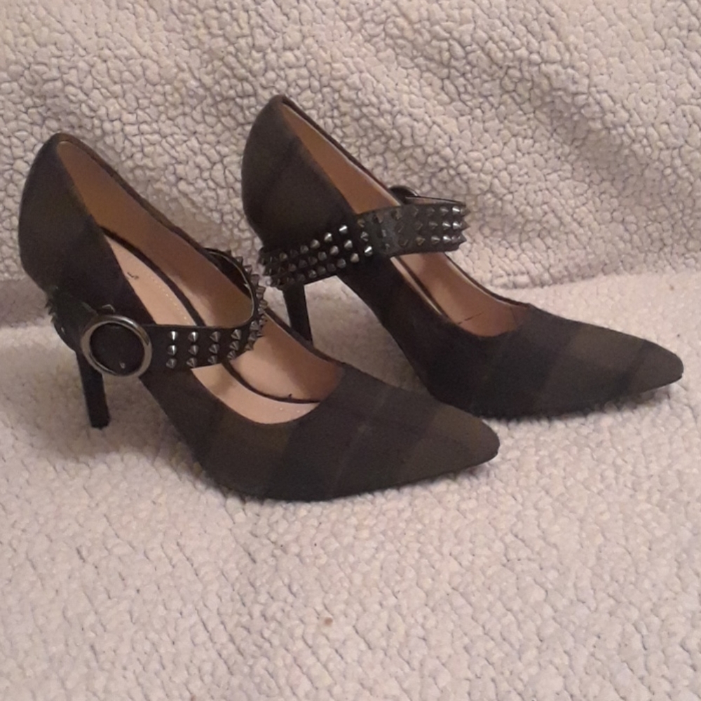 Green plaid spiked heels.